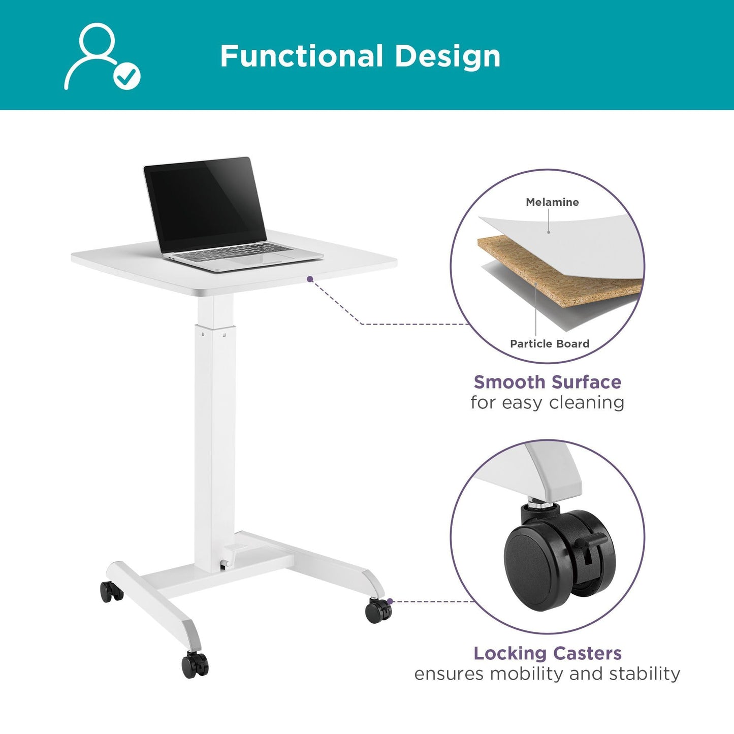 Kantek Mobile Sit Stand Laptop Cart, Adjustable Height (29"-49"), Rolling Laptop Computer Workstation 23.6" x 20.5", Foot Pedal Control, Steel Frame