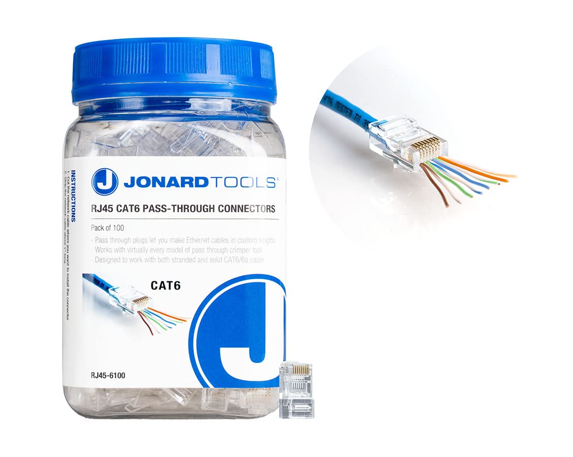 Jonard Tools RJ45-6100 CAT6A RJ45 Pass-Through Connectors for Network Cables (Pack of 100)