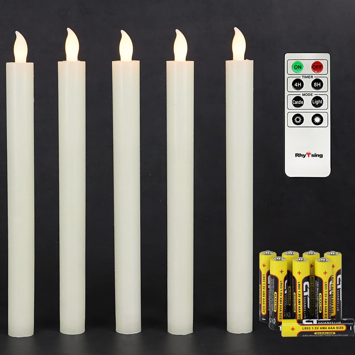 Rhytsing 10" Ivory Flameless Taper Candles with Timer, Battery Operated Dinner Candlesticks, Push-Activated, Textured Wax Finish, Warm White Light