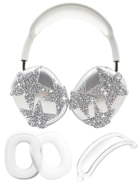 3 in 1 Bling Case Cover for AirPod Max, Clear TPU Glittering Rhinestones Stars Protective Ear Cups Covers Silicone Earpad Headband Covers Compatible