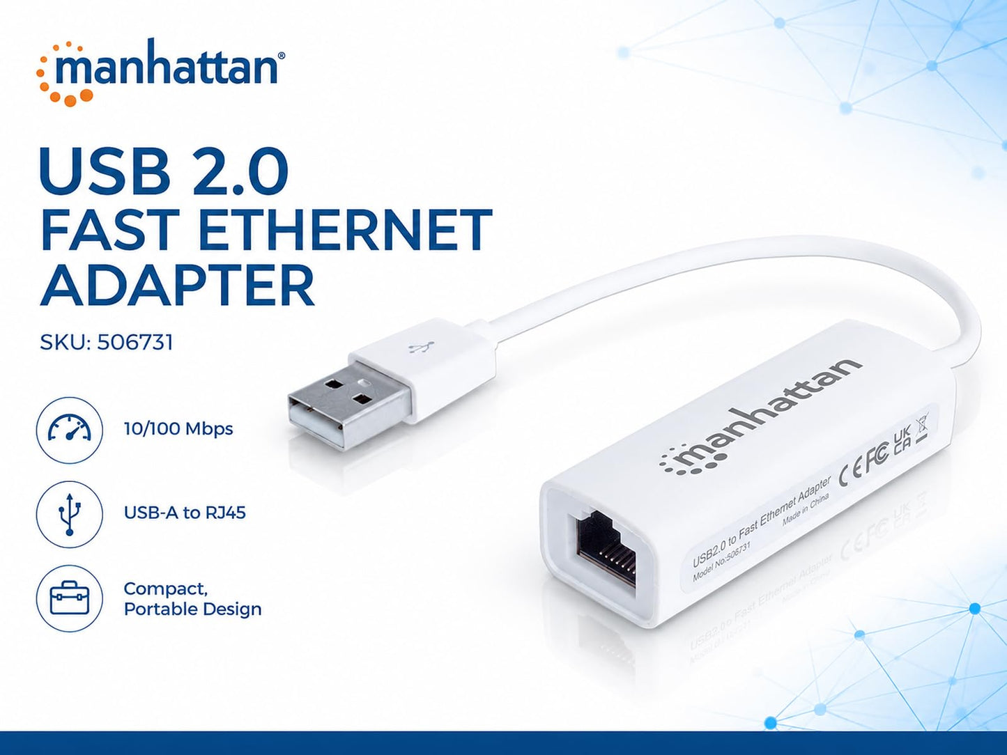 Manhattan USB to Ethernet Adapter - 10 / 100 Mbps Fast Ethernet LAN Network - Support Windows 10/8.1/8/7/Vista/XP for Desktop Laptop Apple MacBook