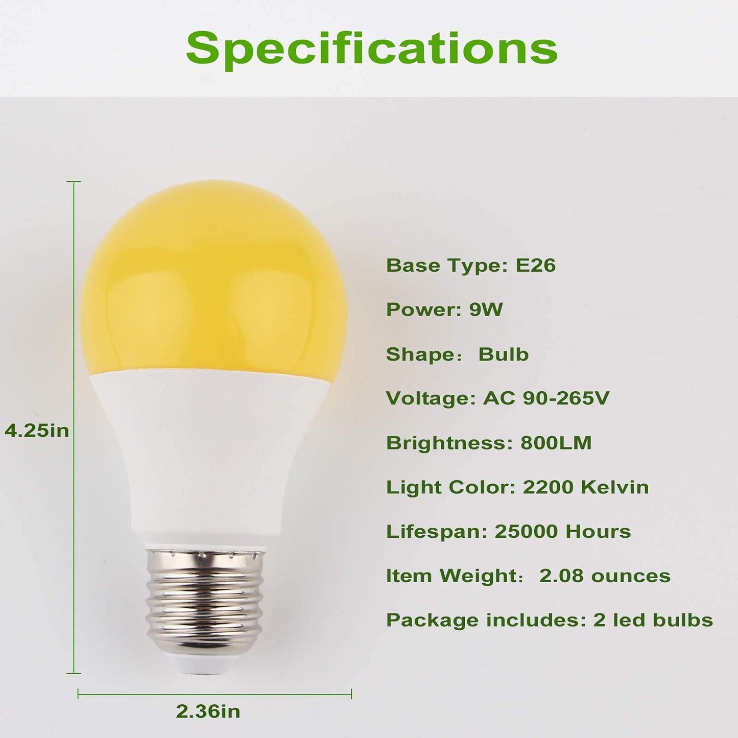 60Watt Yellow LED Bug Light Bulb 2-Pack No Blue Light Outdoor 800Lm 120V E26 Medium Base