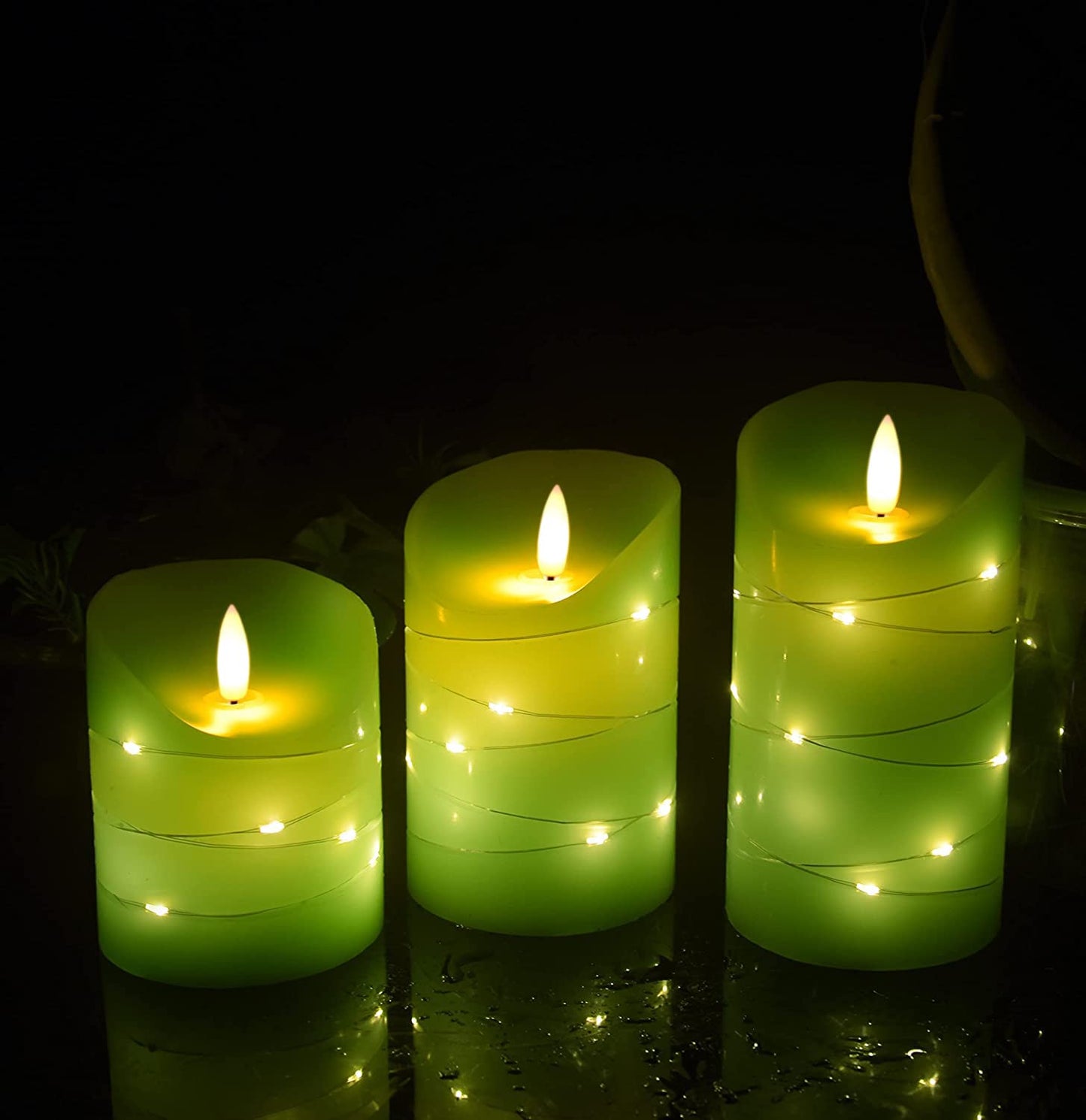 Green LED flameless Candle with Embedded Starlight String, 3 LED Candles, 10-Key Remote Control, 24-Hour Timer Function, Dancing Flame, Real Wax