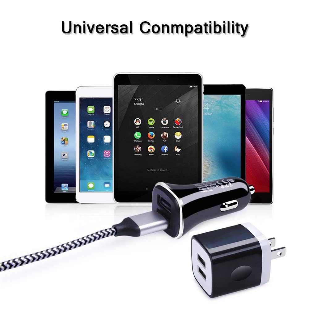 USB Wall Charger Block 2.1A Dual Port Power Adapter with Car Charger and 6ft Micro Phone Charger Cable Nyon Braided Cord for Samsung Galaxy S7, S7