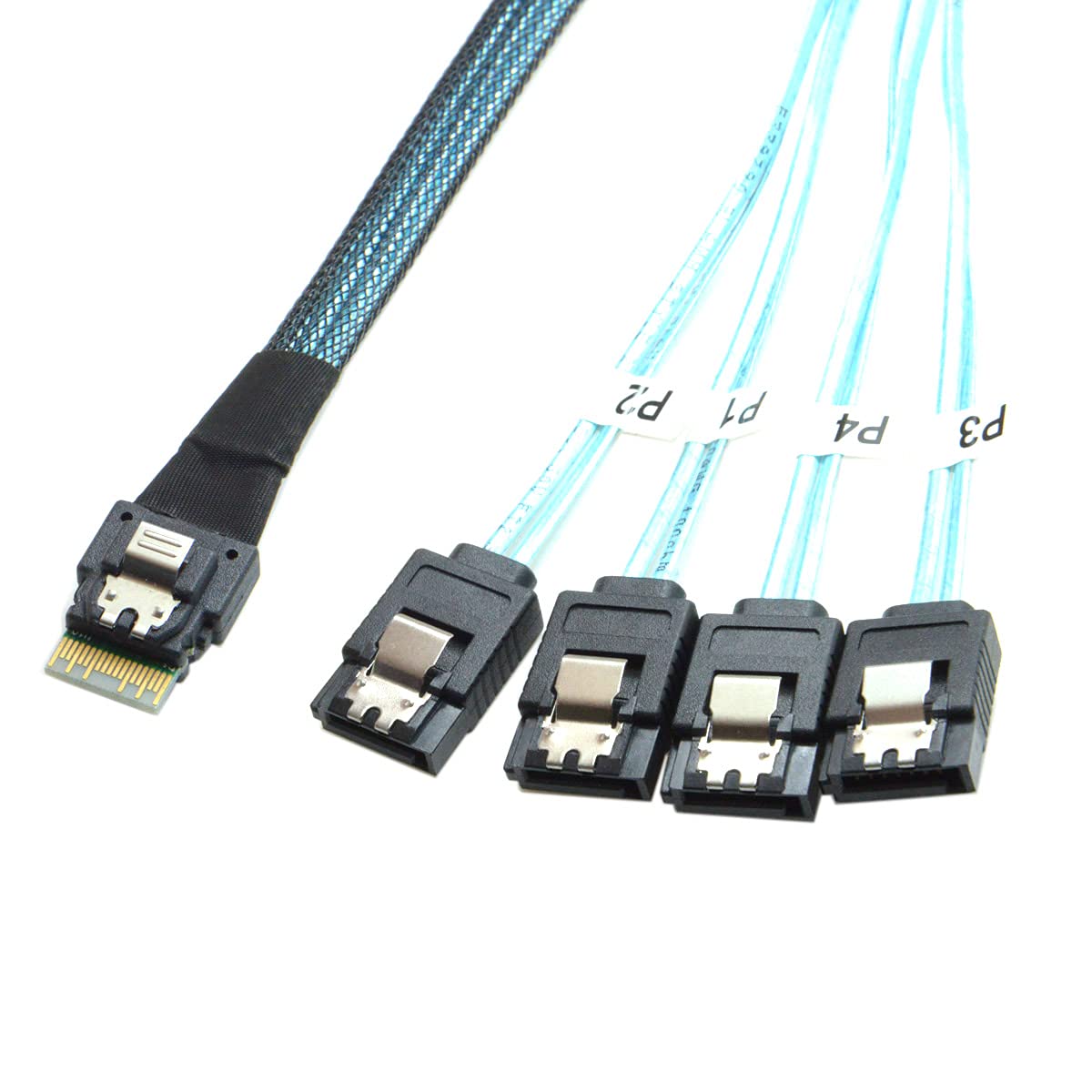 cablecc Slim Line SAS 4.0 SFF-8654 4i 38pin Host to 4 SATA 7pin Target Hard Disk Fanout Raid Cable 50cm