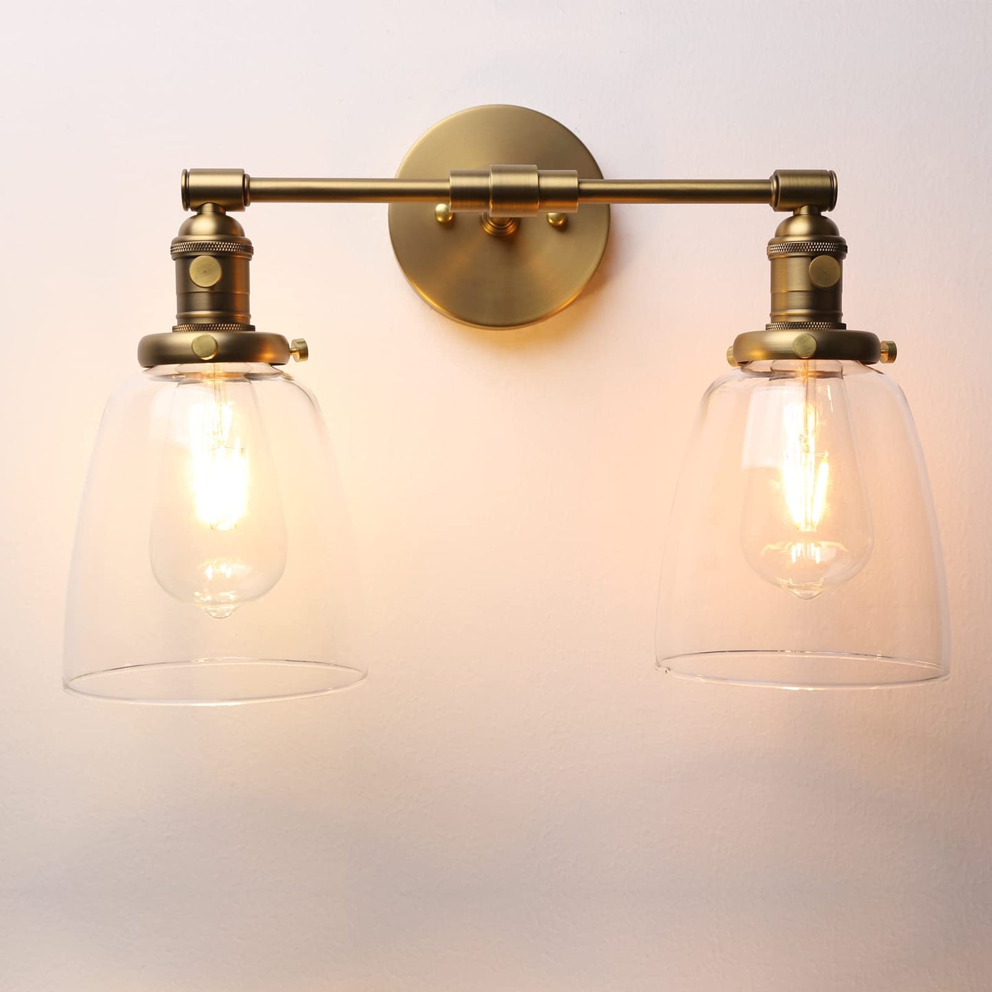 Phansthy Retro Industrial 2-Light Wall Sconces, Bathroom Vanity Light Fixtures, Wall Light with Dual 5.6" Bell Shaped Clear Glass Lampshade, Wall Lamp