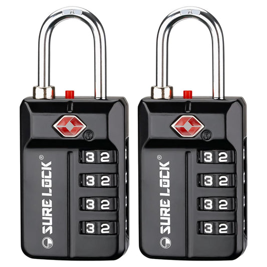 SURE LOCK TSA Approved Luggage Locks 2 Pack – 4-Digit Resettable Combination with Open Alert, Easy-Read Dials for Suitcases, Lockers & Gym (Black)