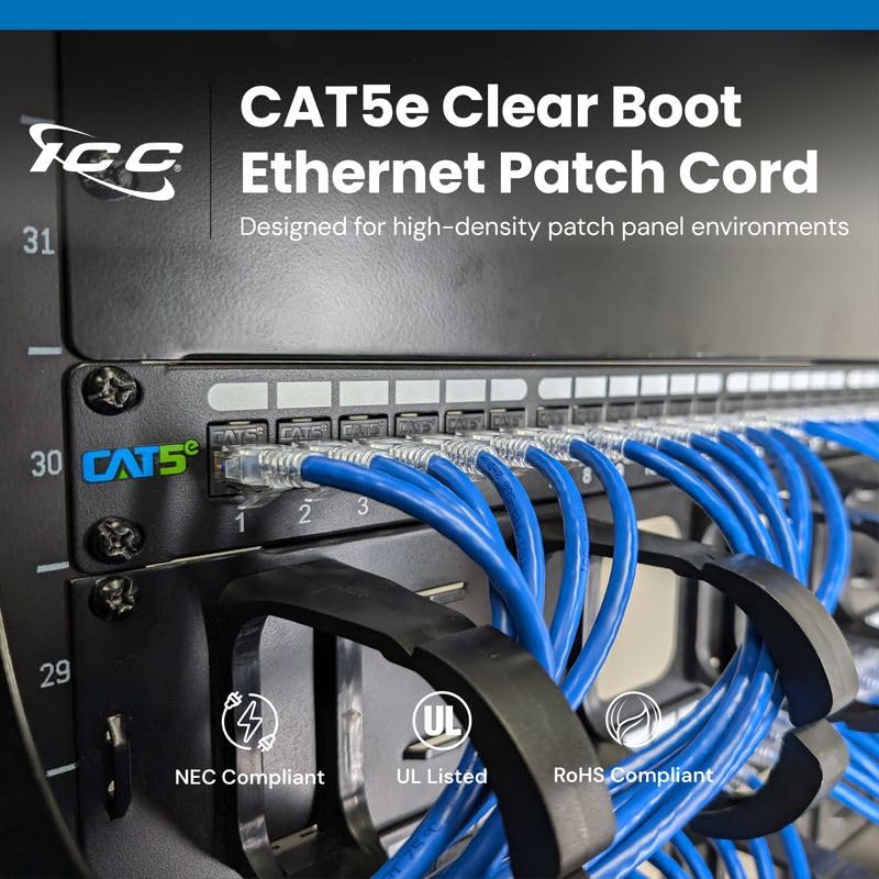 ICC CAT5e Ethernet Patch Cord, RJ45 UTP 24AWG, 350 MHz, 7 FT, Blue, 25-Pack