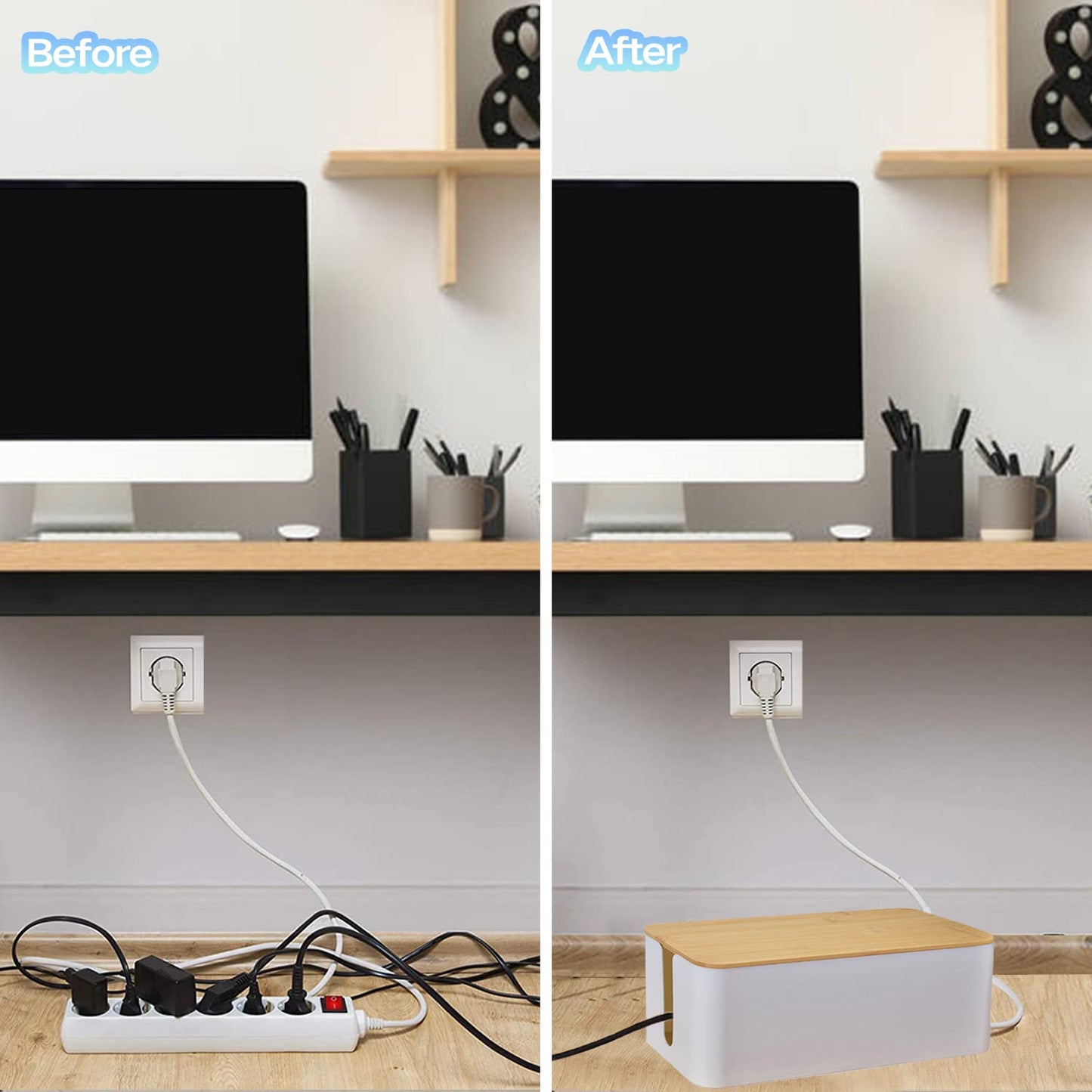 Cable Management Box Organizer, Set of 2 Bamboo Lid Large Storage Wire Holder to Conceal Hide Surge Protector, Power Strips Cord on Desk Floor, with 5