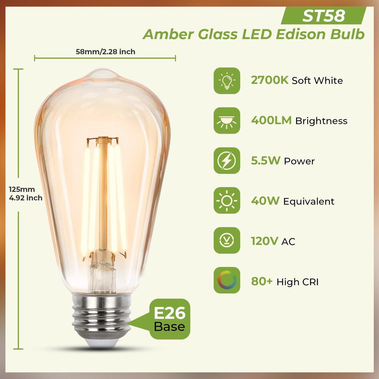 Sigalux Dimmable LED Edison Bulbs 40 watt Equivalent, E26 Light Bulb 2700K Warm White, Amber Glass ST58 Vintage LED Bulbs, 90+ CRI, 4.5W 400LM, E26