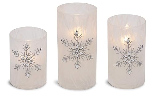 Mark Feldstein & Associates Jeweled Snowflake Iced Glass Flameless Pillar Candles Assorted Set of 3
