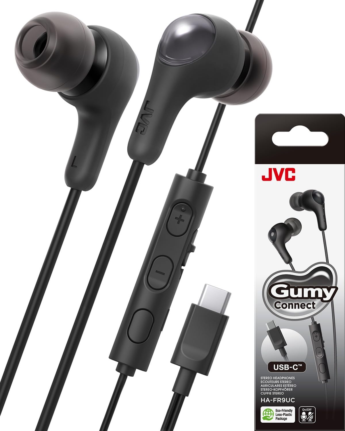 JVC Gumy Connect USB-C Wired Earbuds Headphones, Delay-Free for Videos and Gaming, Built-in DAC Reduces Noise and Improves Sound Quality, 9.2 mm