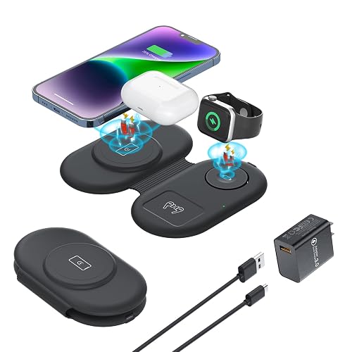 Wireless Charger 3 in 1, RELAXYO Travel Fast Wireless Charging Station for Apple, Compatible with iPhone 15 14 13 12 11 Pro/Max/XR, for iWatch