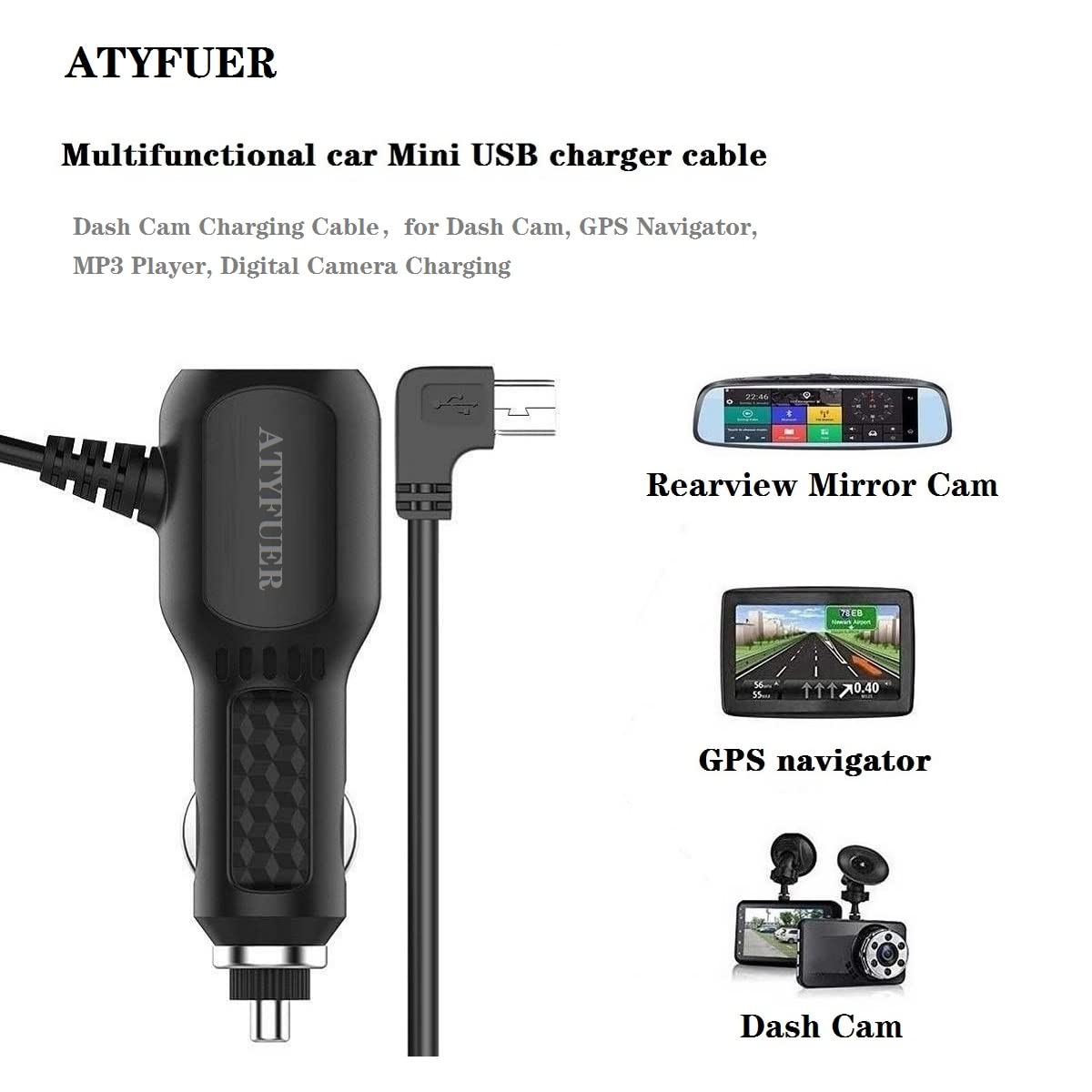 ATYFUER Dash Cam Charger Cable GPS Navigator Power Cord for Dash Cam GPS MP3 Player GPS Navigator Charging for 12V Car and 24V Truck Car Power Adapter