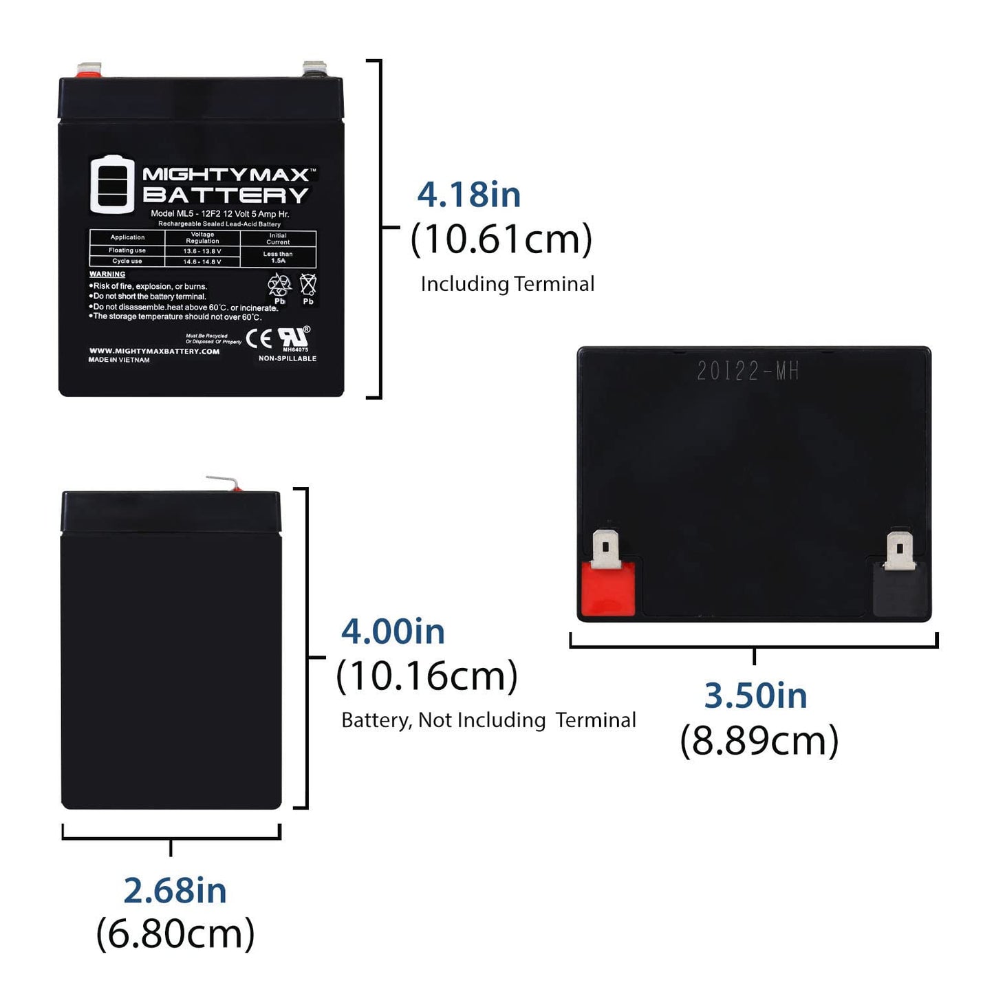 Mighty Max Battery ML5-12F2-12 Volt 5 AH, F2 Terminal, Rechargeable SLA AGM Battery
