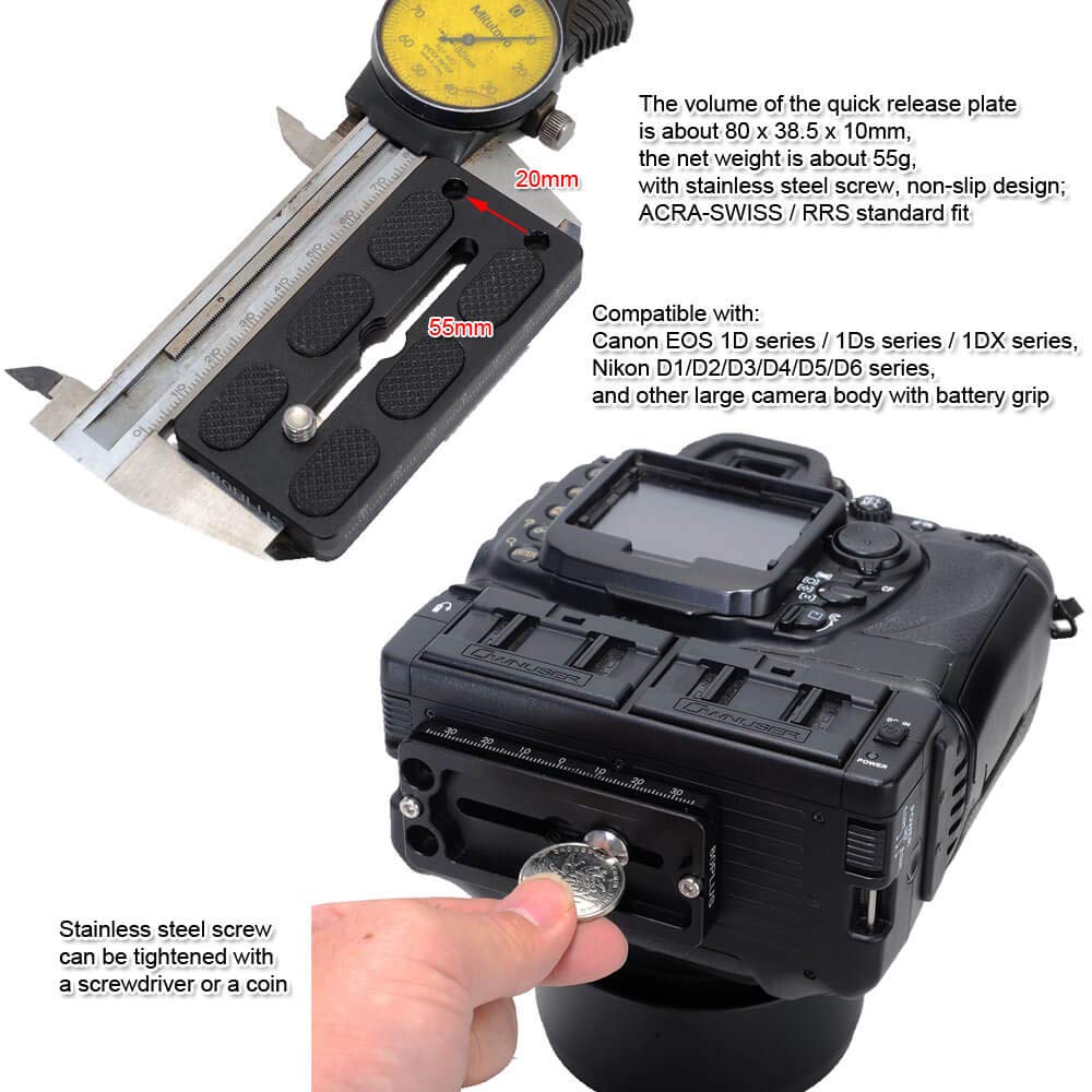 iShoot 80mm Long Metal Quick Release Plate for Large Camera Body with Battery Grip, Compatible with 39mm Arca-Swiss Fit Tripod Head Clamp