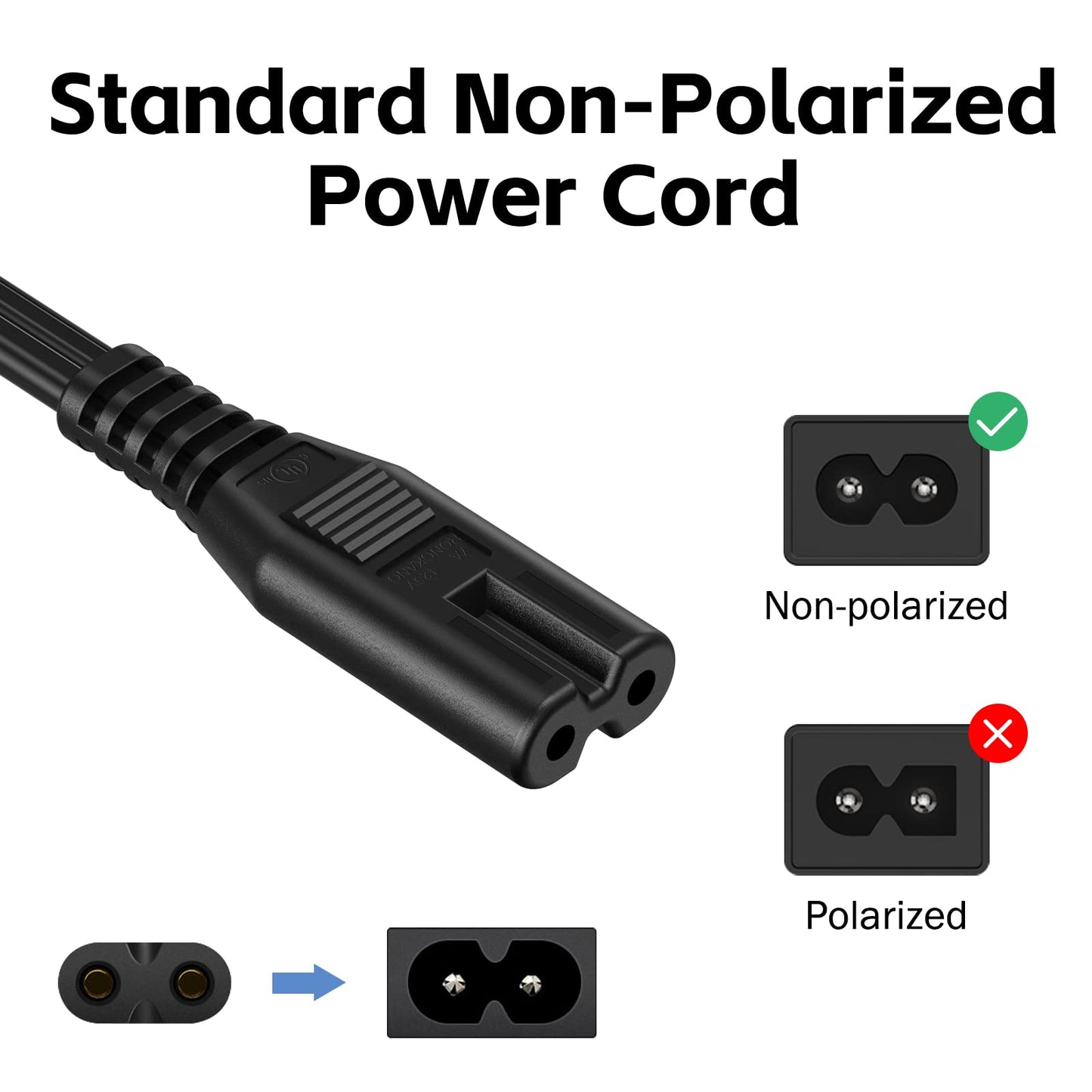 AC Power Cord 6FT (1 Pack), 2 Prong TV Power Cord, Power Supply Cable Replacement for Xbox One, Xbox Series X, PS3, PS4, PS5, Compatible for Printer