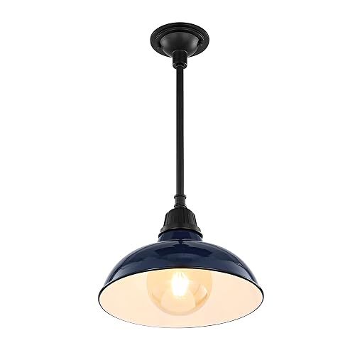 JONATHAN Y 12.25" Navy/Black 1-Light Farmhouse Indoor/Outdoor LED Pendant Iron Hanging Light, and Black Metal Shade, Rustic Ceiling Lamp for Kitchen
