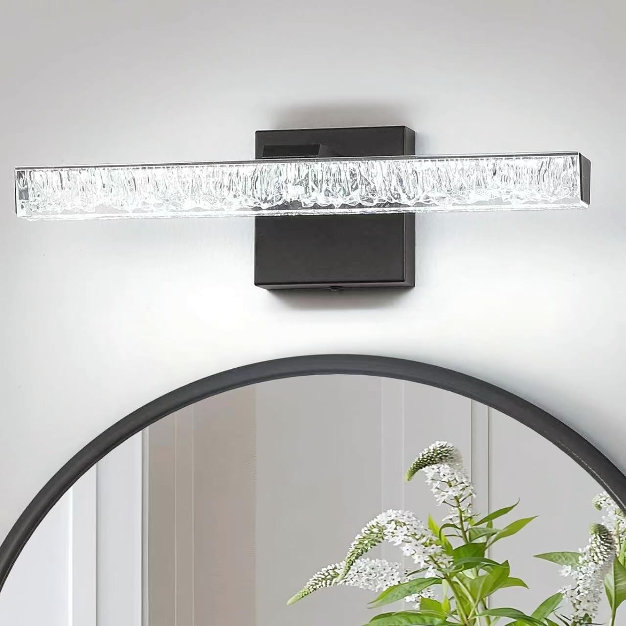 Bicrink Modern LED Bathroom Vanity Light Fixtures, 16-Inch Black Wall Sconce with Iceberg Crackle Acrylic, Linear Bathroom Lighting Over Mirror