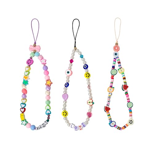 Ninelimi 3 Pieces Smile Face Beaded Phone Lanyard Wrist Strap Fruit Star Letter Pearl Handmade Rainbow Polymer Clay Acrylic Beads Pearl Bracelet