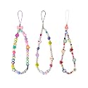 Ninelimi 3 Pieces Smile Face Beaded Phone Lanyard Wrist Strap Fruit Star Letter Pearl Handmade Rainbow Polymer Clay Acrylic Beads Pearl Bracelet