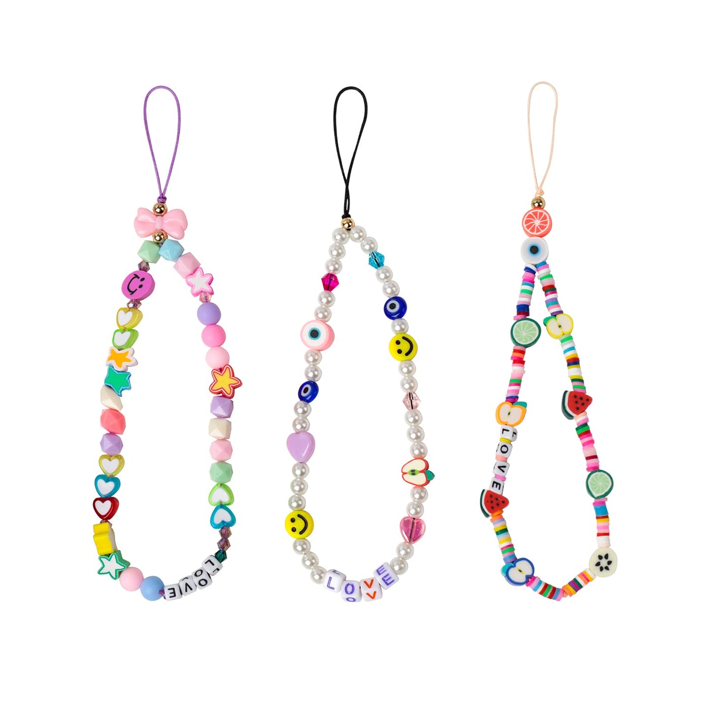 Ninelimi 3 Pieces Smile Face Beaded Phone Lanyard Wrist Strap Fruit Star Letter Pearl Handmade Rainbow Polymer Clay Acrylic Beads Pearl Bracelet