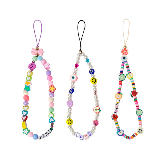 Ninelimi 3 Pieces Smile Face Beaded Phone Lanyard Wrist Strap Fruit Star Letter Pearl Handmade Rainbow Polymer Clay Acrylic Beads Pearl Bracelet