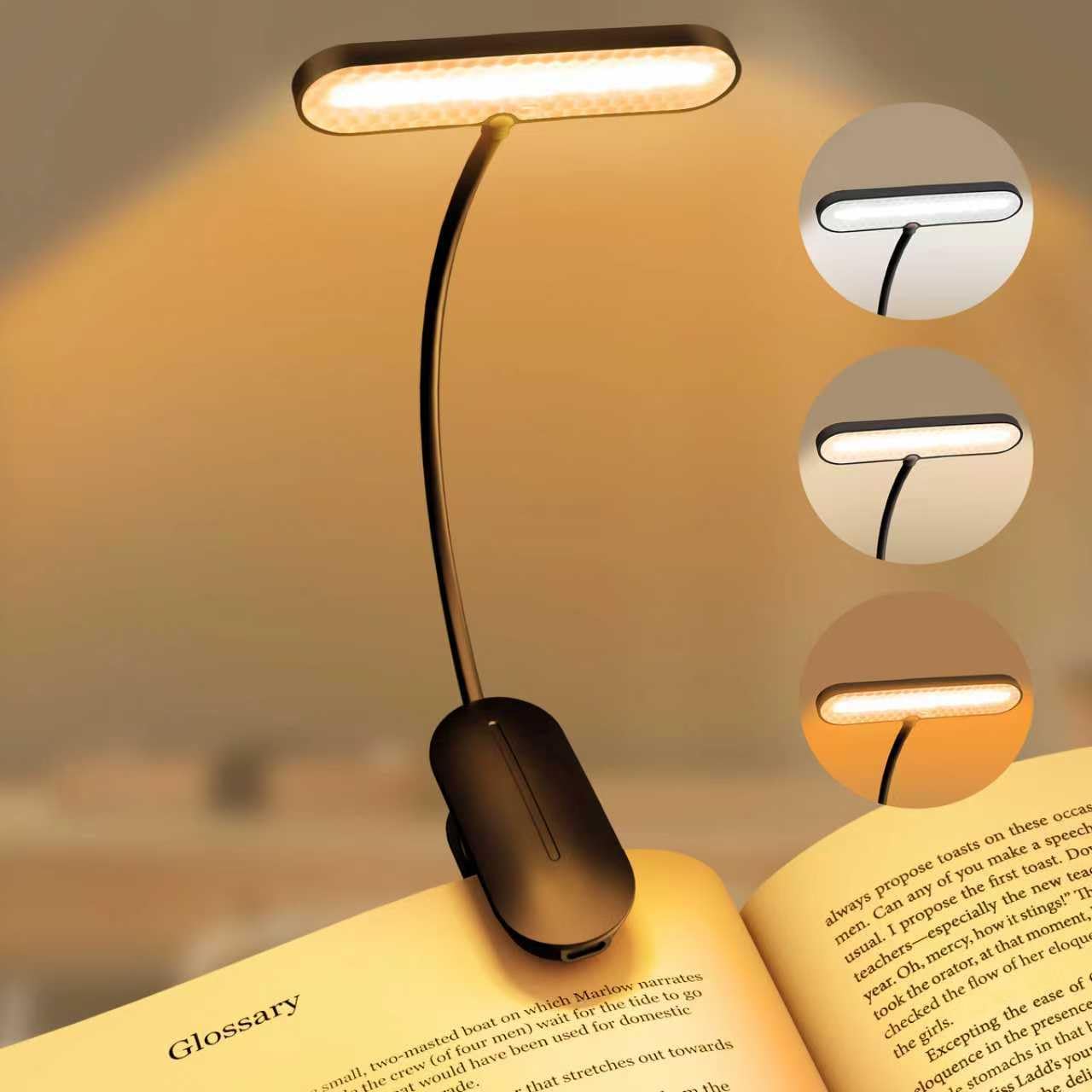 Yollber Clip-On Book Light for Reading at Night -Rechargeable 14 LEDs with 3 Color Modes & Stepless Dimming Brightness, Eye-Care, USB-C Charging