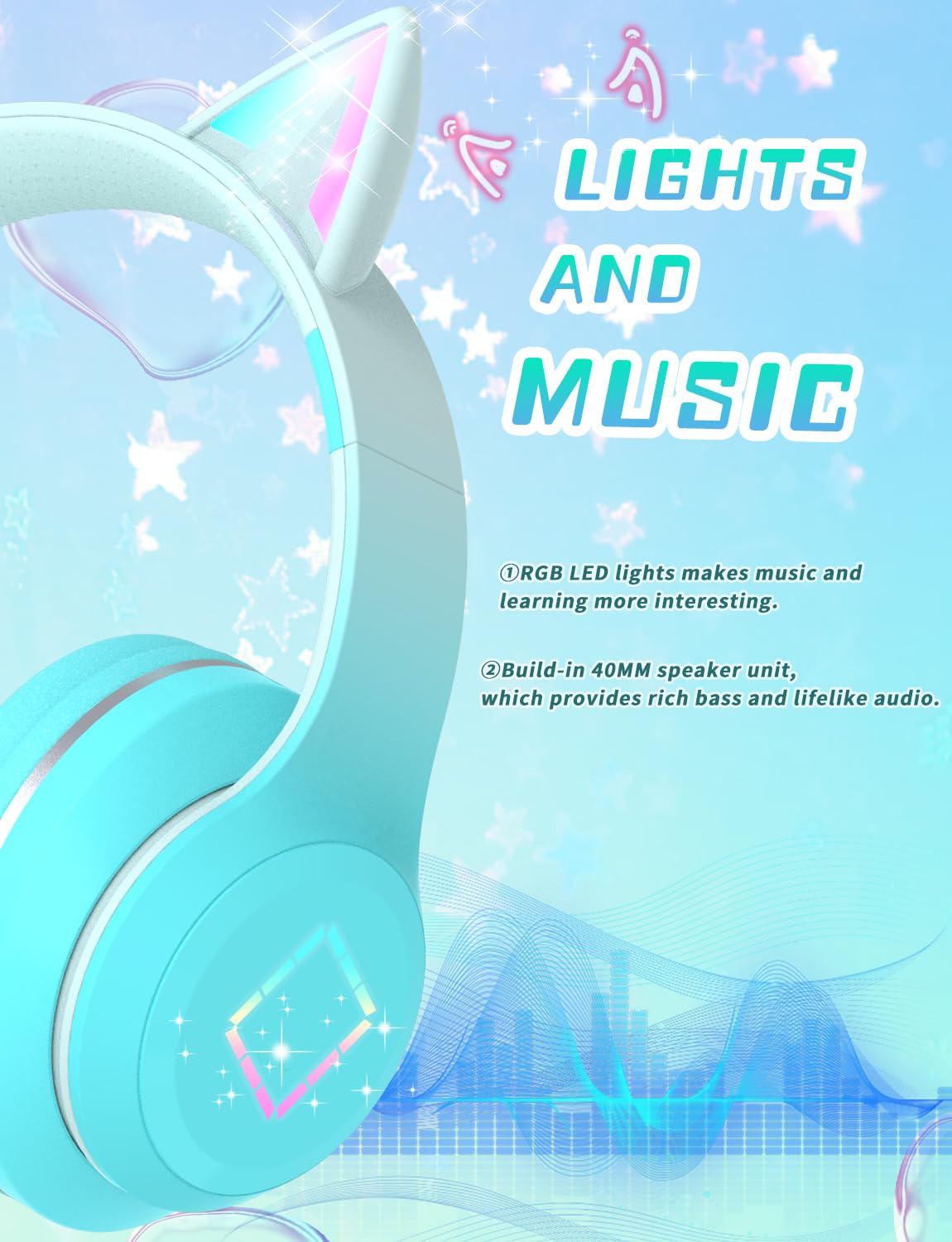 YOYOTUNE Bluetooth Kids Headphones,Cat Ear LED Light Up Kids Wireless Headphones,Bluetooth 5.1&Stereo Sound, Foldable,Adjustable Headband,Children…