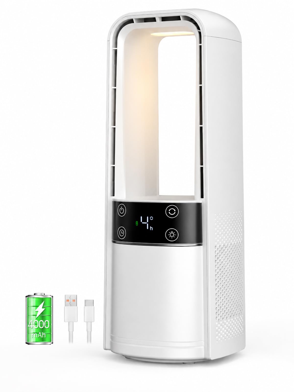 Desk Fan Bladeless, 120° Oscillating Fan Rechargeable, Quiet Fan with Night Light, Smart LED Touch Control, 4 Speed & 9H Timer, Small Table Fan, Auto