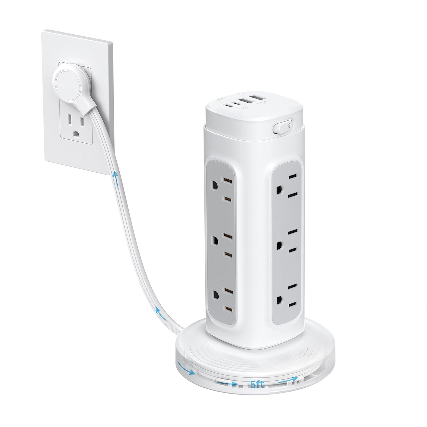 TROND Retractable Power Strip Tower, Space-Saving Surge Protector with USB C PD 20W, 5ft Flat Plug Extension Cord with Multiple Outlets, 4 USB, 1700J