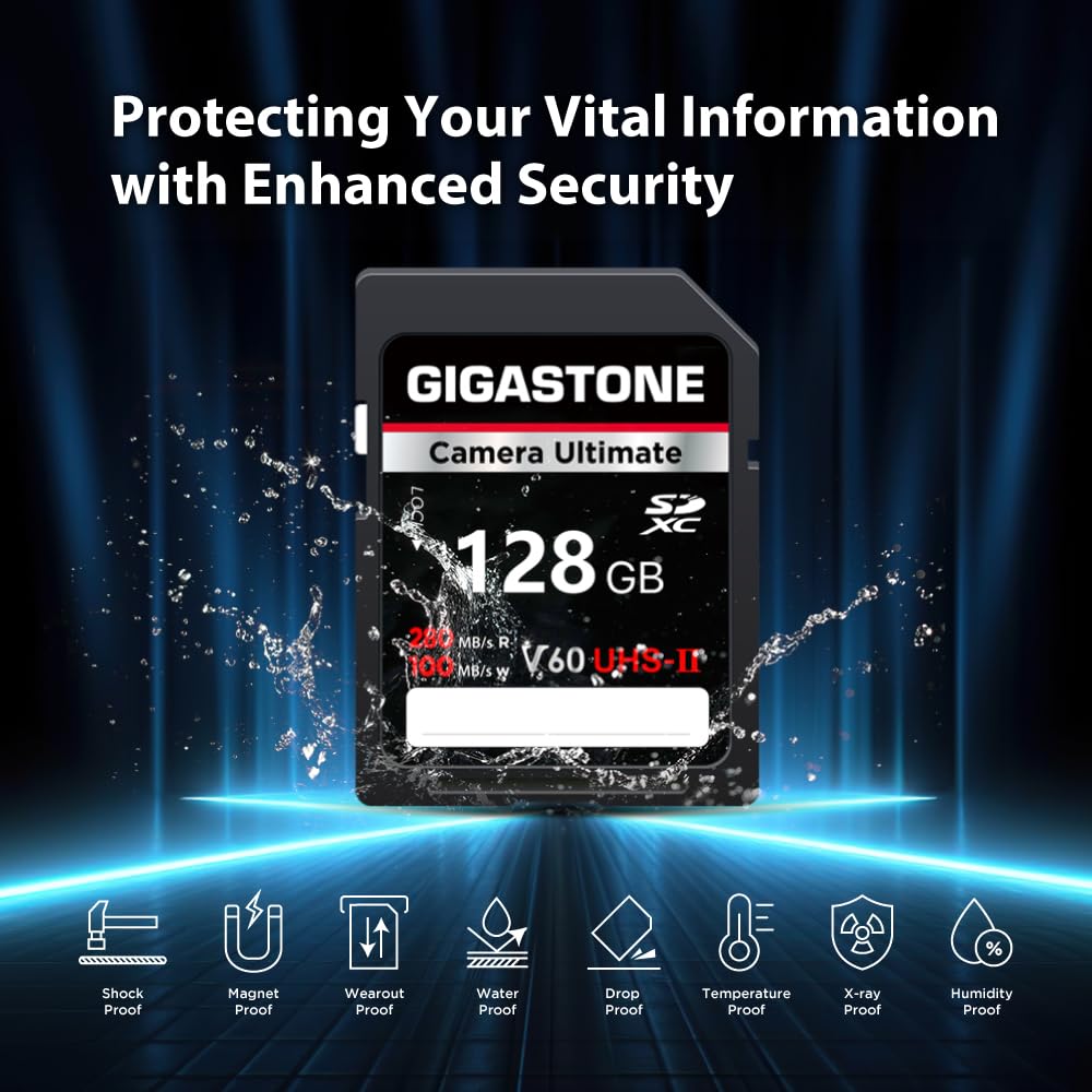 ?5-Years Data Recovery? GIGASTONE 128GB SD Card UHS-II V60 U3 SDXC Memory Card High Speed, Read up to 280MB/s, Compatible with Canon Kodak Olympus