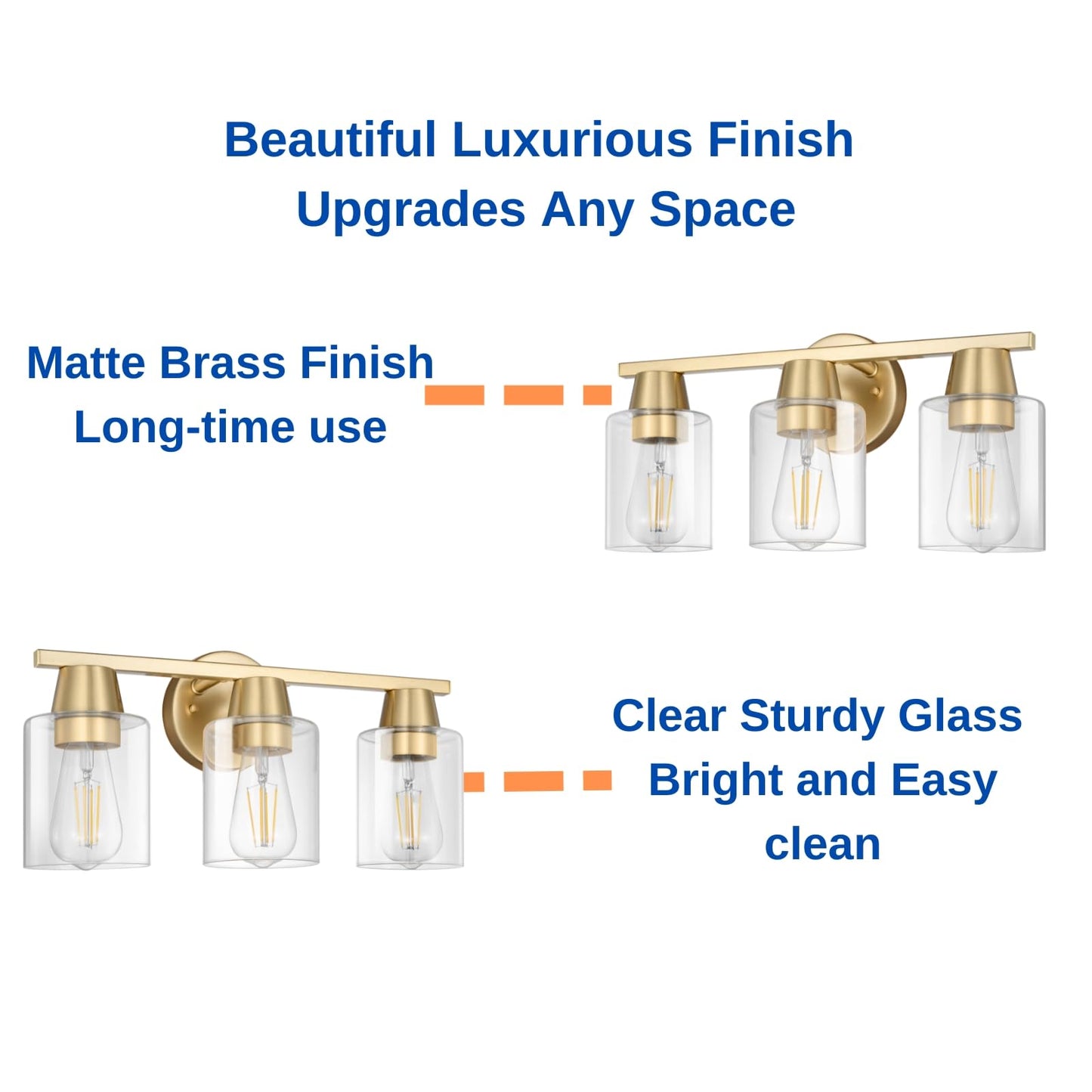 CRAFTRONOS Modern Wall Sconces Lighting with Brass Finished Clear Glass Shade, Matte Gold 3 Vanity Light Over Mirror, Industrial Bathroom Light