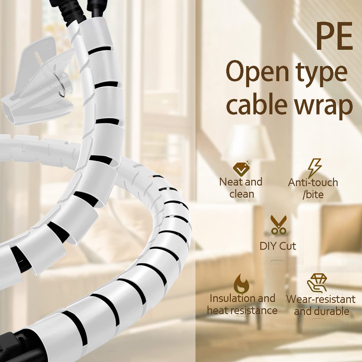 Fanoshon White Cable Management Sleeves 2 PCS Cord Protectors for USB Cable Power Audio Video Wire Cables - Protect Cats Dogs Pets from Chewing Cords