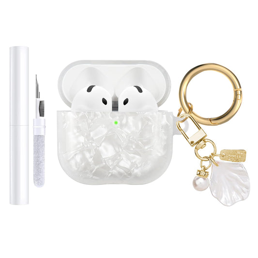 AIIEKZ Compatible with AirPods 4 Case Cover 2024,Soft TPU with Shell Pattern for AirPods 4th Generation Case with Pearl Shell Keychain and Cleaning