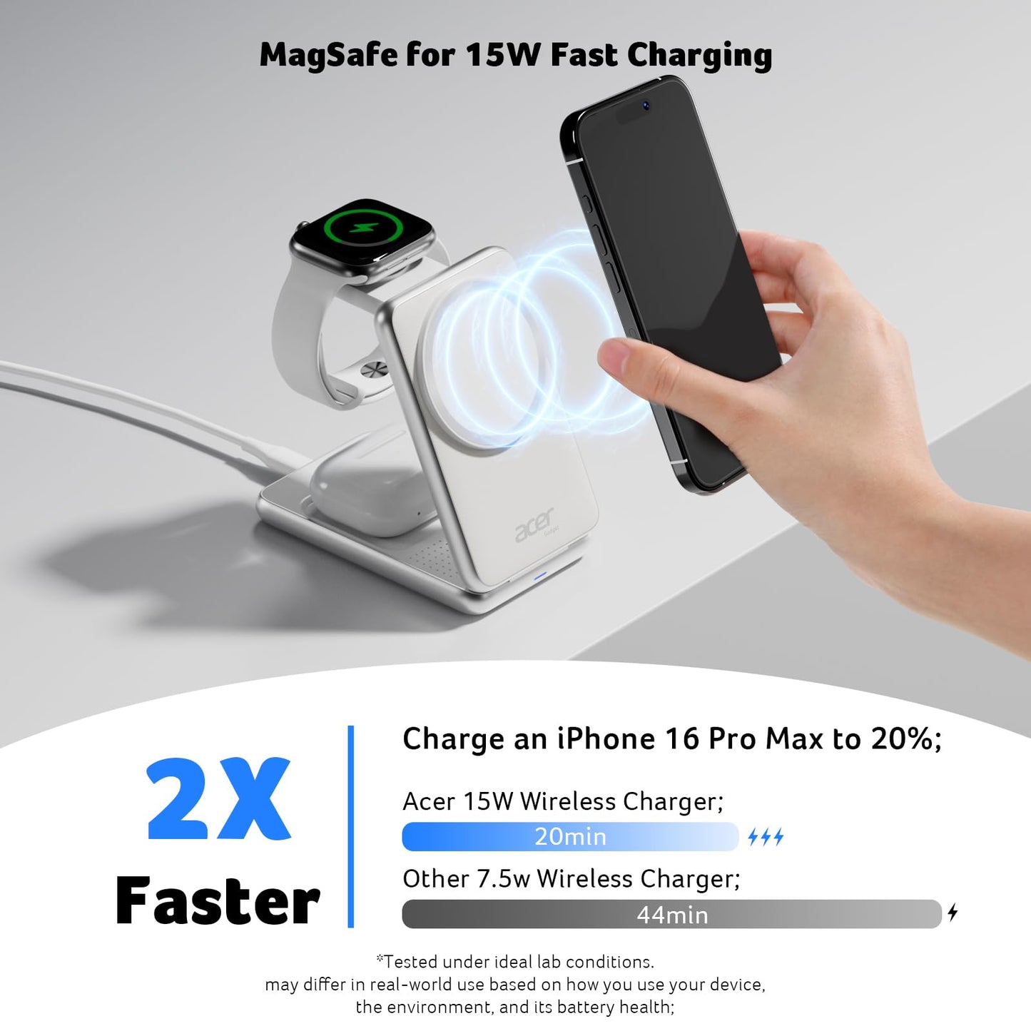 Acer 3 in 1 Charging Station for iPhone, Wireless Charger Stand,15W Fast MagSafe Charger for iPhone 17 16 15 14 13 12 Series-Apple Watch 11 10 9 8 7 6
