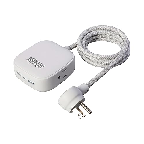 Tripp Lite Safe-IT Power Strip 2-Outlet + 3 USB Ports Long Extension Cord, 2 USB-A + 1 USB-C Charging, Flat Plug, UL Certified, White, 6 Foot Cord