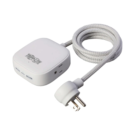 Tripp Lite Safe-IT Power Strip 2-Outlet + 3 USB Ports Long Extension Cord, 2 USB-A + 1 USB-C Charging, Flat Plug, UL Certified, White, 6 Foot Cord
