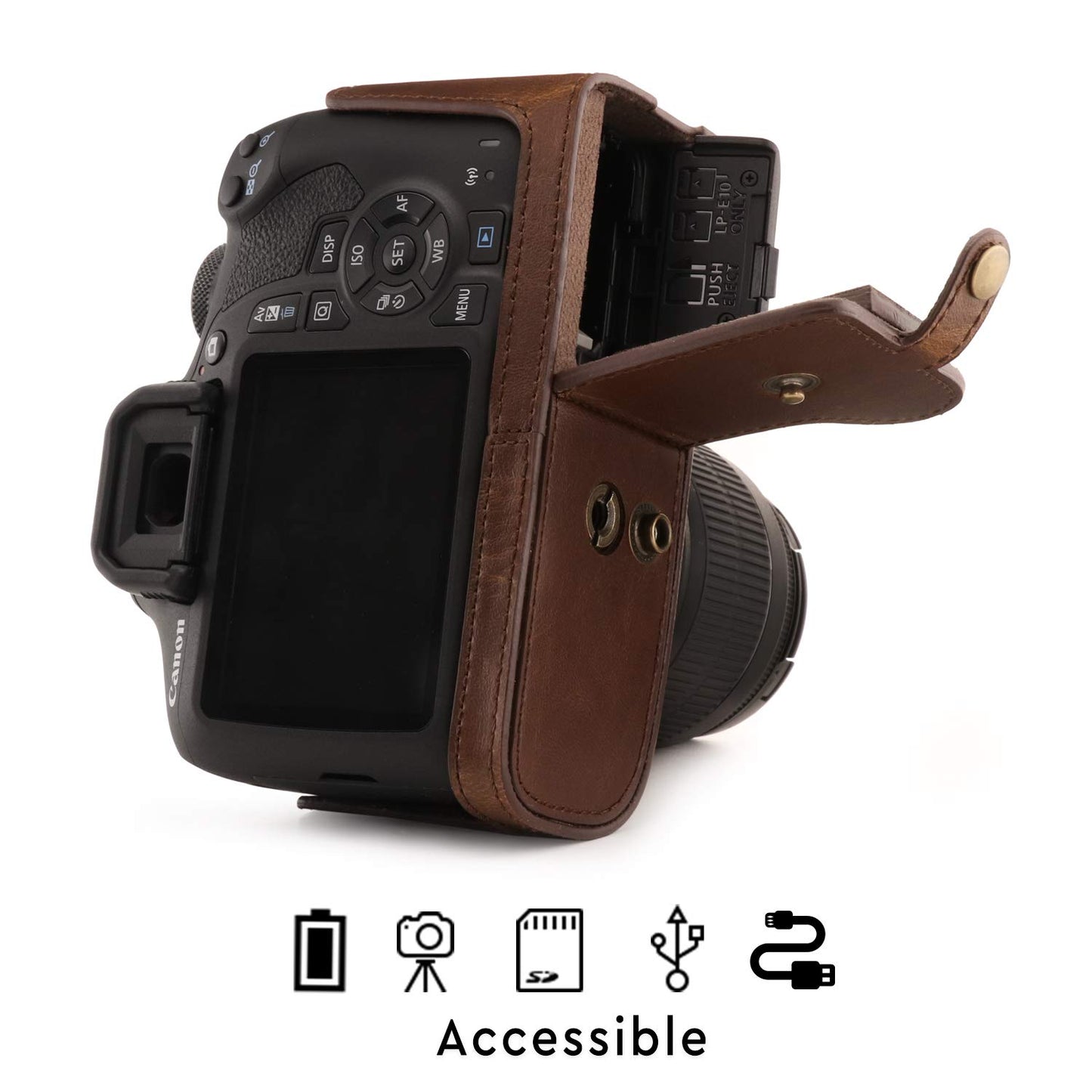 MegaGear MG1608 Ever Ready Leather Camera Case compatible with Canon EOS Rebel T7 (18-55mm), 2000D (18-55mm) - Dark Brown