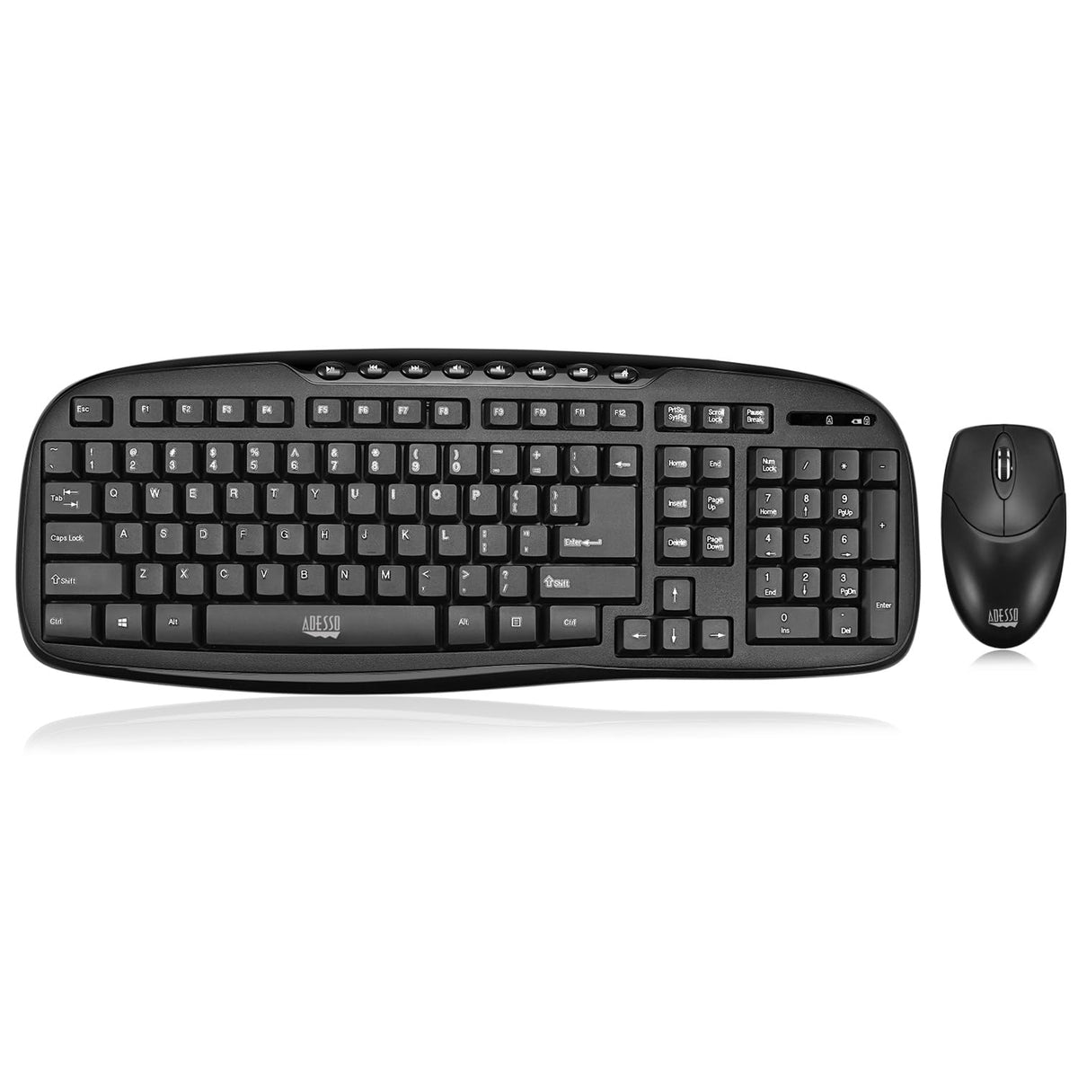 Adesso WKB-1330CB - Wireless Keyboard and Mouse Combo, Desktop Keyboard, Ambidextrous Mouse, Multimedia Hotkeys, Long Battery Life with USB Nano
