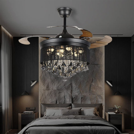 Cretifity 42 inches Crystal Black Ceiling Fan with Light, Round Drum Crystal Chandelier Fan with Retractable Blade, Timing 3 Speeds 3 Colors Change