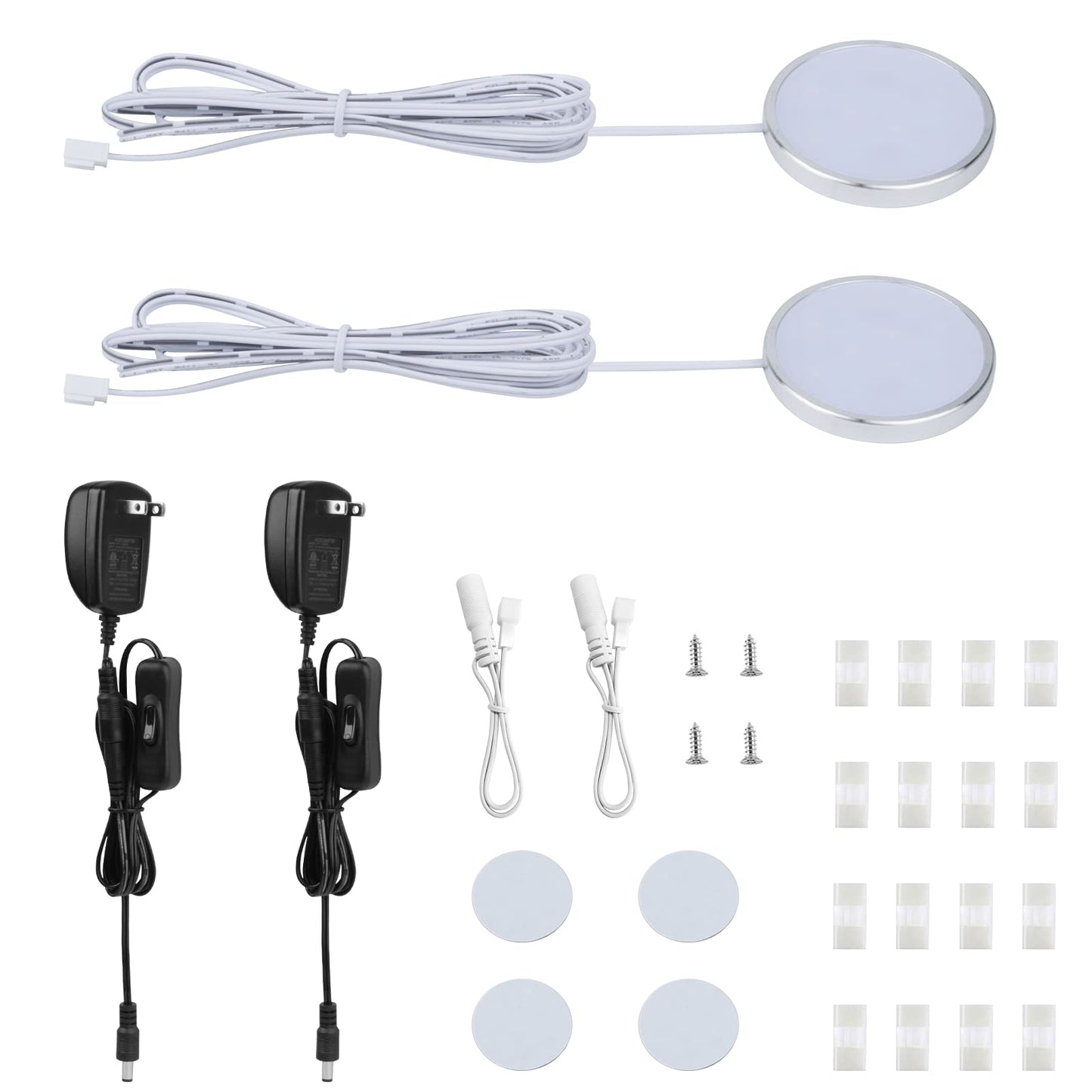 LABOREDUCER 12V Under Cabinet LED Puck Lighting Kit 2 Packs Slim Aluminum Puck Lights,Single Light Plug in Counter Light Fixture for Kitchen Cupboard