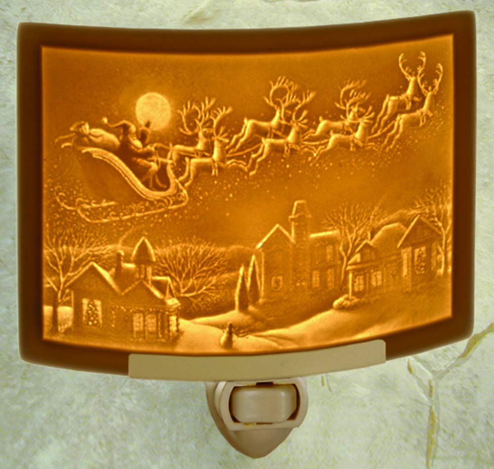 The Porcelain Garden Santa's Flight - Porcelain Lithophane Nightlight Decorative wall Plug in Nursery, Bedroom, Kitchen, Bath, Hallway Christmas
