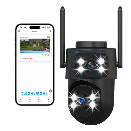 dzcctvipc 2K 5GHz Dual Lens Outdoor Security Camera, 360° PTZ, AI Detection & Auto Tracking, Color Night Vision, 24/7 Recording, IP65 Waterproof