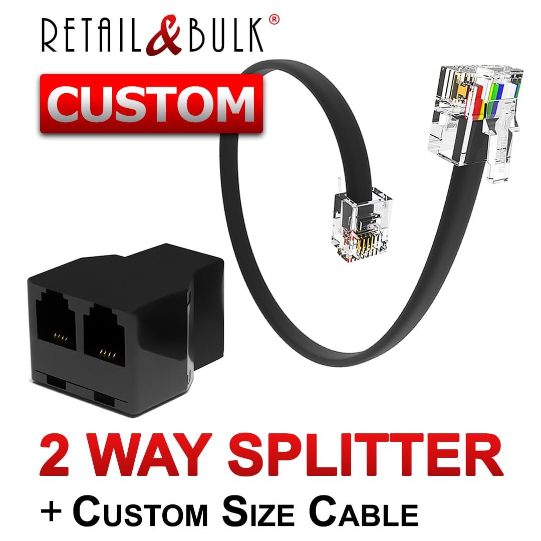 RetailAndBulk Telephone Cord and Splitter 2-Way Phone Line Adapter with Custom Length RJ11 Cord - 2 Inch to 15 FT Cable for Landline, Fax, DSL Modem