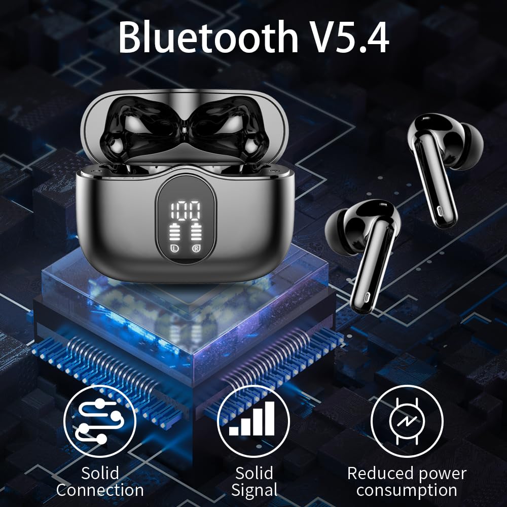 Wireless Earbuds, Bluetooth 5.4 Headphones Bass Stereo, Ear Buds with Noise Cancelling Mic LED Display, IP7 Waterproof in Ear Earphones, 36H Playtime