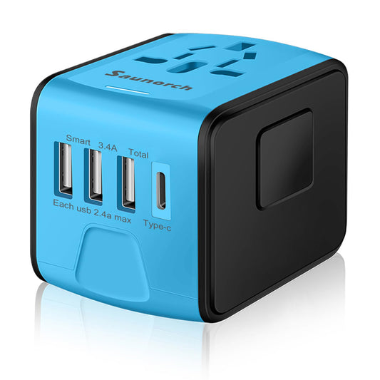 SAUNORCH Universal Travel Adapter – Worldwide Power Plug with 3 USB-A & 1 USB-C Charger, Works in EU/UK/US/CA/AU/Italy/Asia, Blue