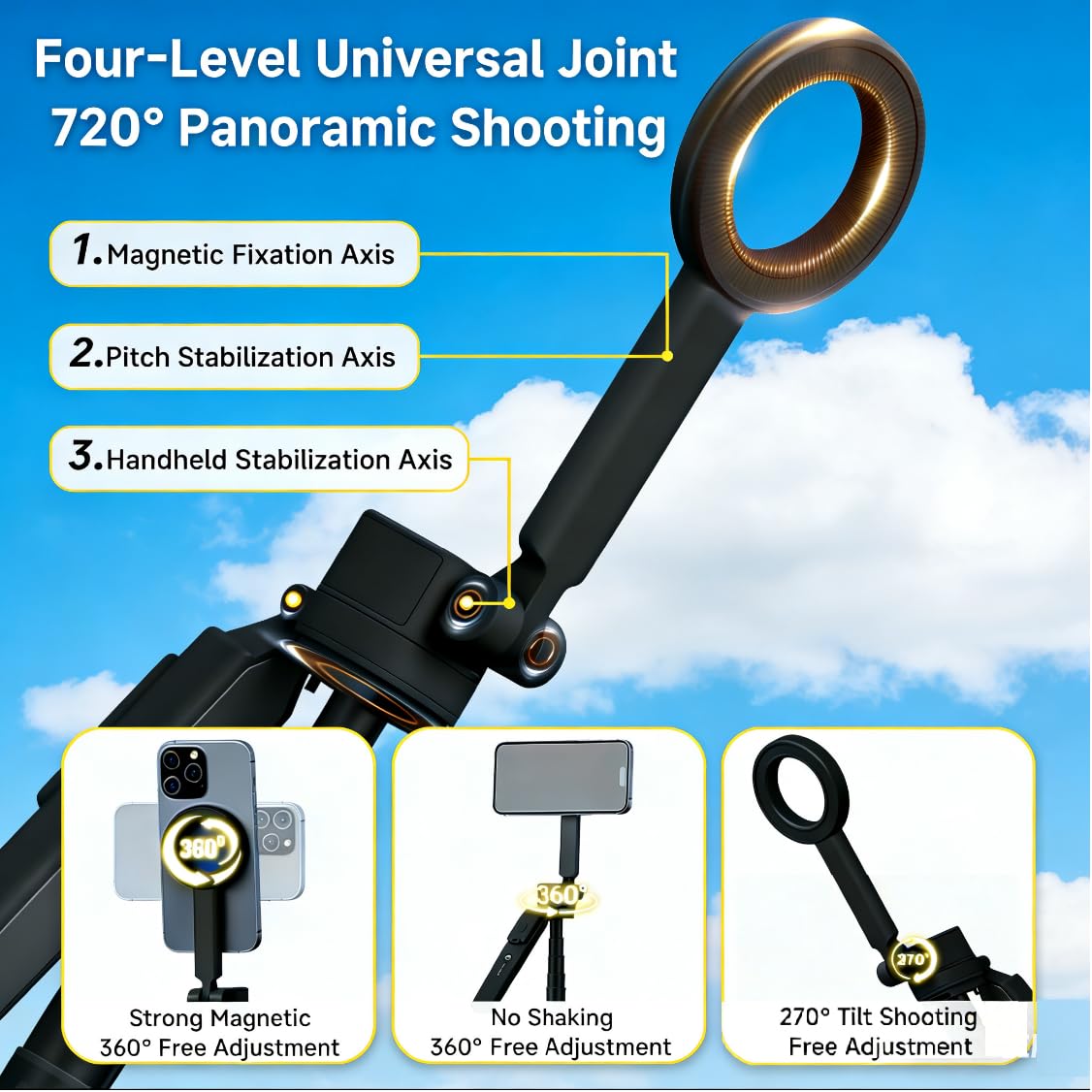 64" Magnetic Phone Tripod for iPhone MagSafe, Reinforced Aluminum Selfie Stick Tripod Stand for Video Recording, Vlogging & Travel Content Creators