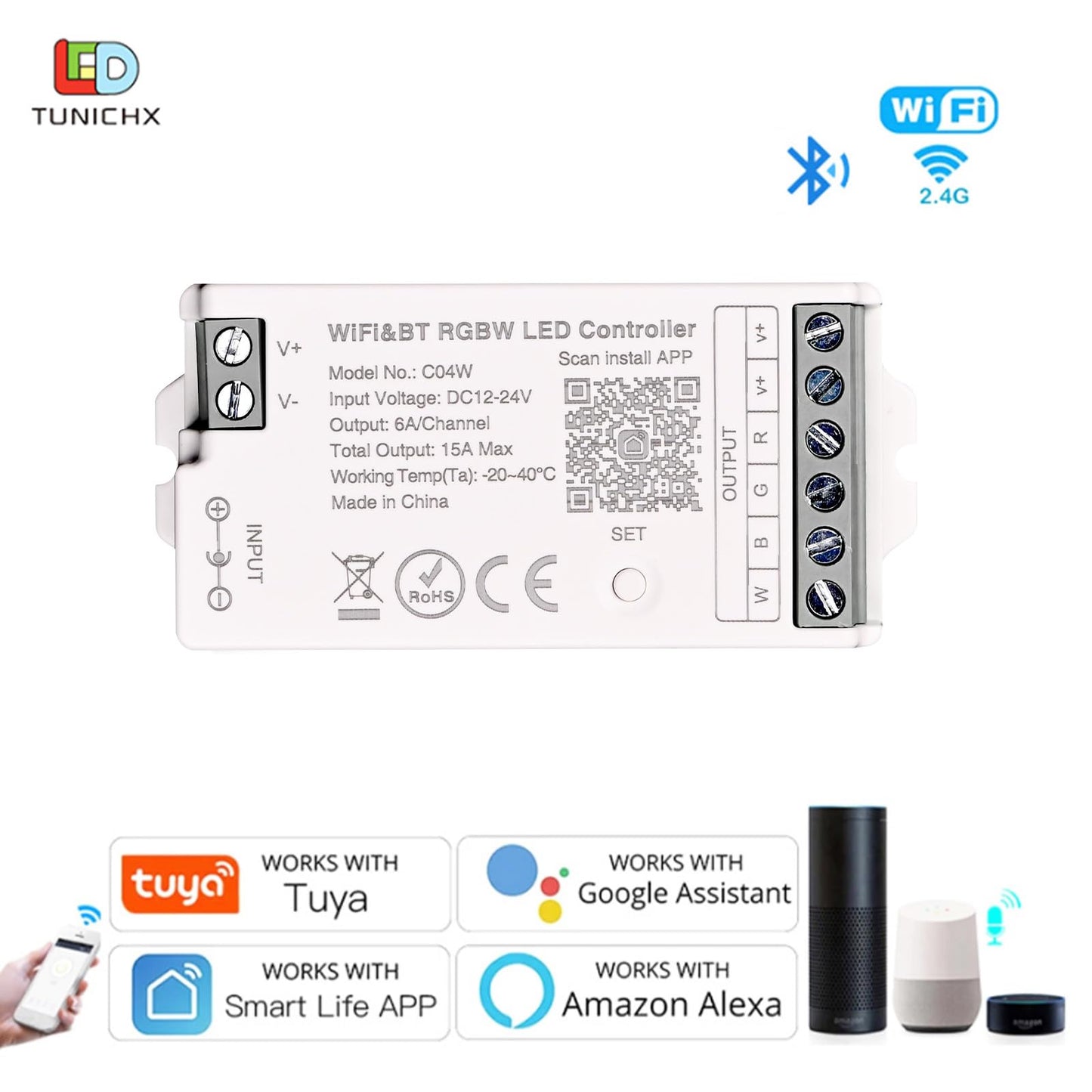 TUNICHX C04W RGBW LED Controller, Tuya WiFi 2.4G RF, 5Pin PWM for SMD FCOB Strip, APP & Voice Control, Compatible with Alexa Google Home, Compatible