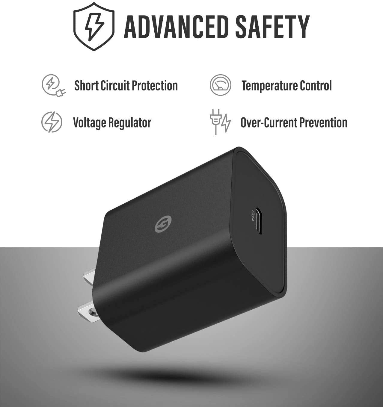 Galvanox USB C Charger (20W) Fast Charging Wall Plug Power Adapter Block Compatible with iPhone 12/13/14/15 Pro Max/Pixel/Note/Samsung Galaxy - Black